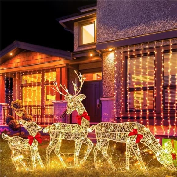 Christmas Decorations Outdoor Set of 3 Light Up Reindeer,  (Warm Light) - Picture 1 of 6